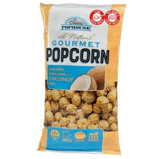 Caramelized corn snack popcorn with coconut flakes
