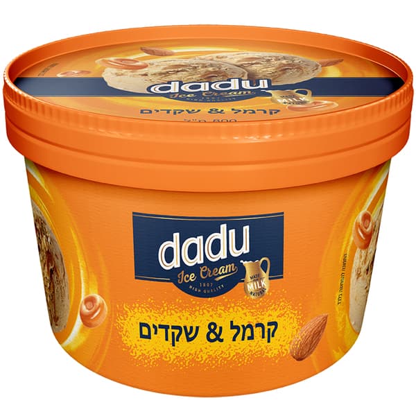 גלידת שמנת בטעם קרמל עם קרמל ושברי שקדים קלויים - אריזה משפחתית 440 גרם "dadu"