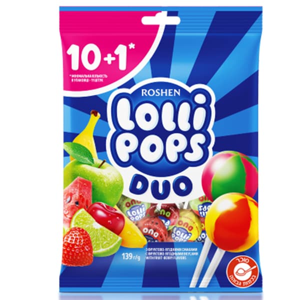 Sucettes Roshen Lollipops Duo aux fruits 139 g